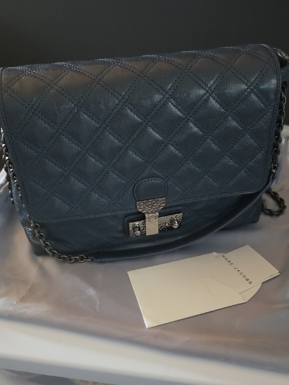 Marc Jacobs Quilted Shoulder Bag in Navy Blue with Silver Hardware